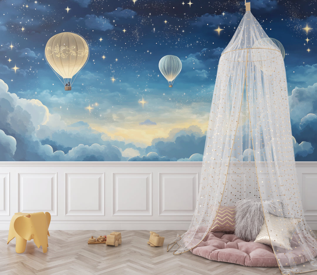 Night sky mural with hot air balloons transforming a child's bedroom into a dreamy space