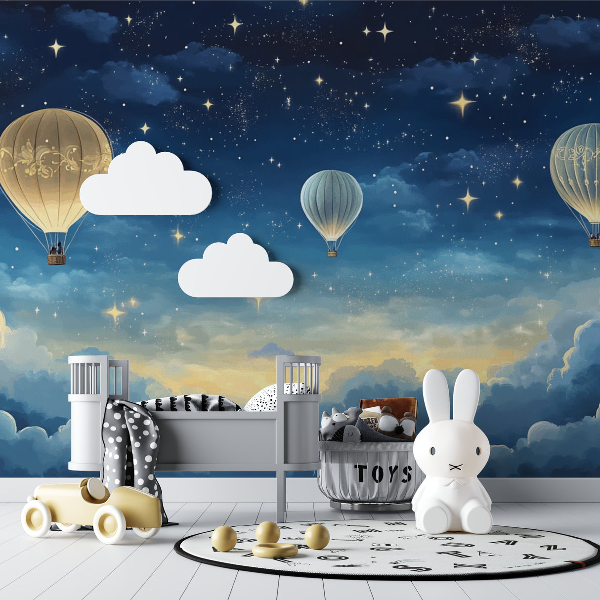 Starry night hot air balloon wallpaper bringing wonder to a playroom setting