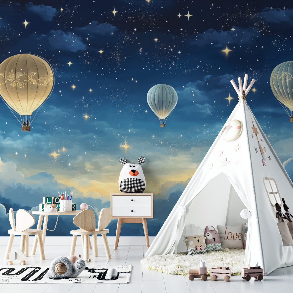 Hot air balloon wall mural creating depth in a modern kids' bedroom