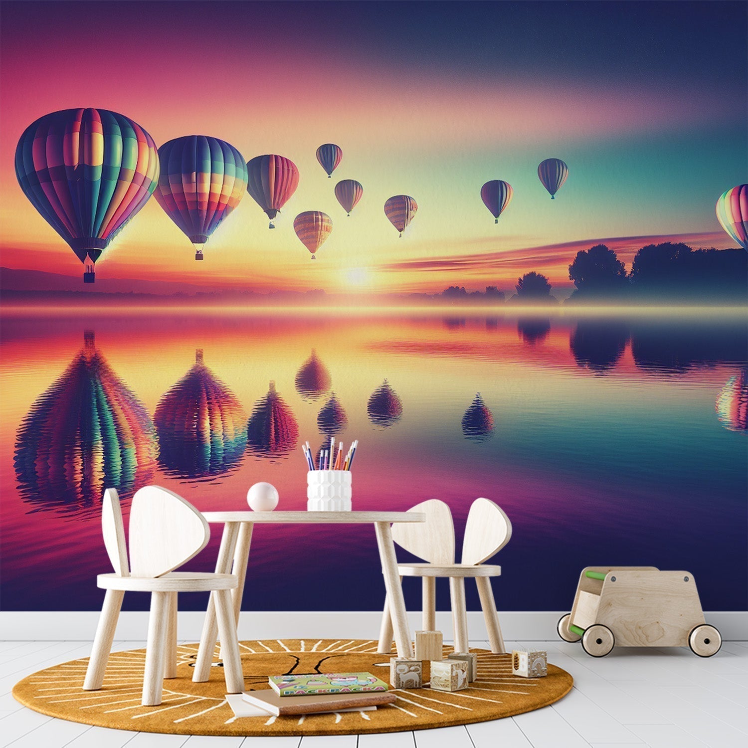 Hot air balloon wallpaper creating a peaceful atmosphere in a modern living room, with sunset colors reflecting off white furniture
