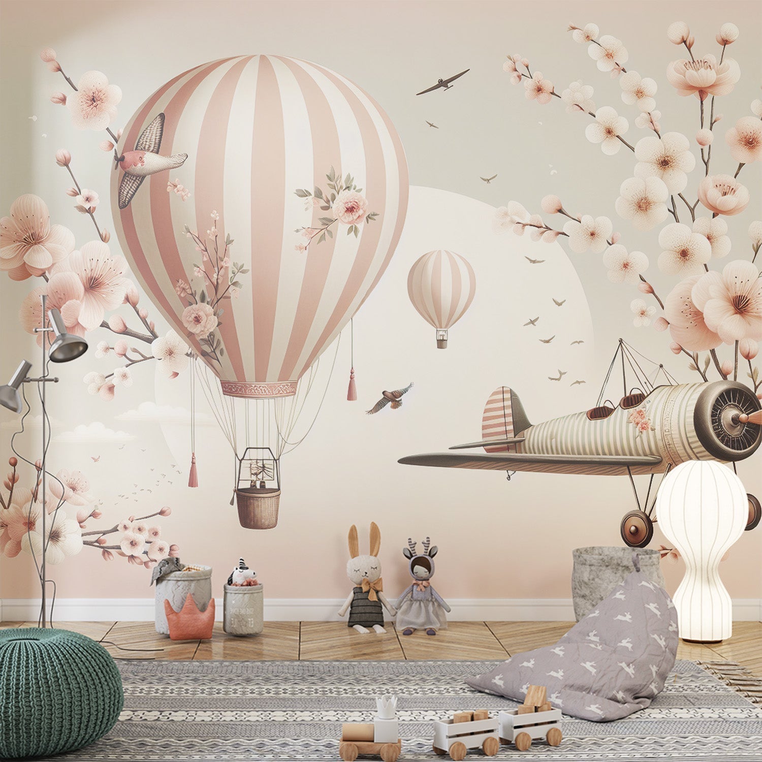 Pink Hot Air Balloon Wallpaper creating a magical atmosphere in a bright nursery with white furniture and soft pink accents