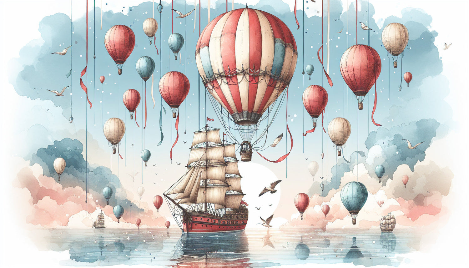 Hot air balloon watercolor design file showing detailed vintage balloons and sailing ships in soft pastels
