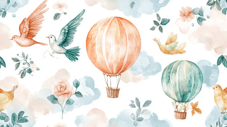 Watercolor hot air balloon design file showing delicate birds and floral pattern