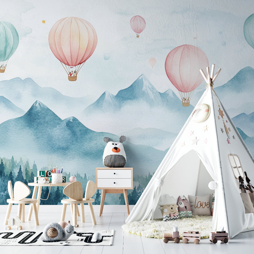 Watercolor balloon mural bringing whimsy to a modern playroom space