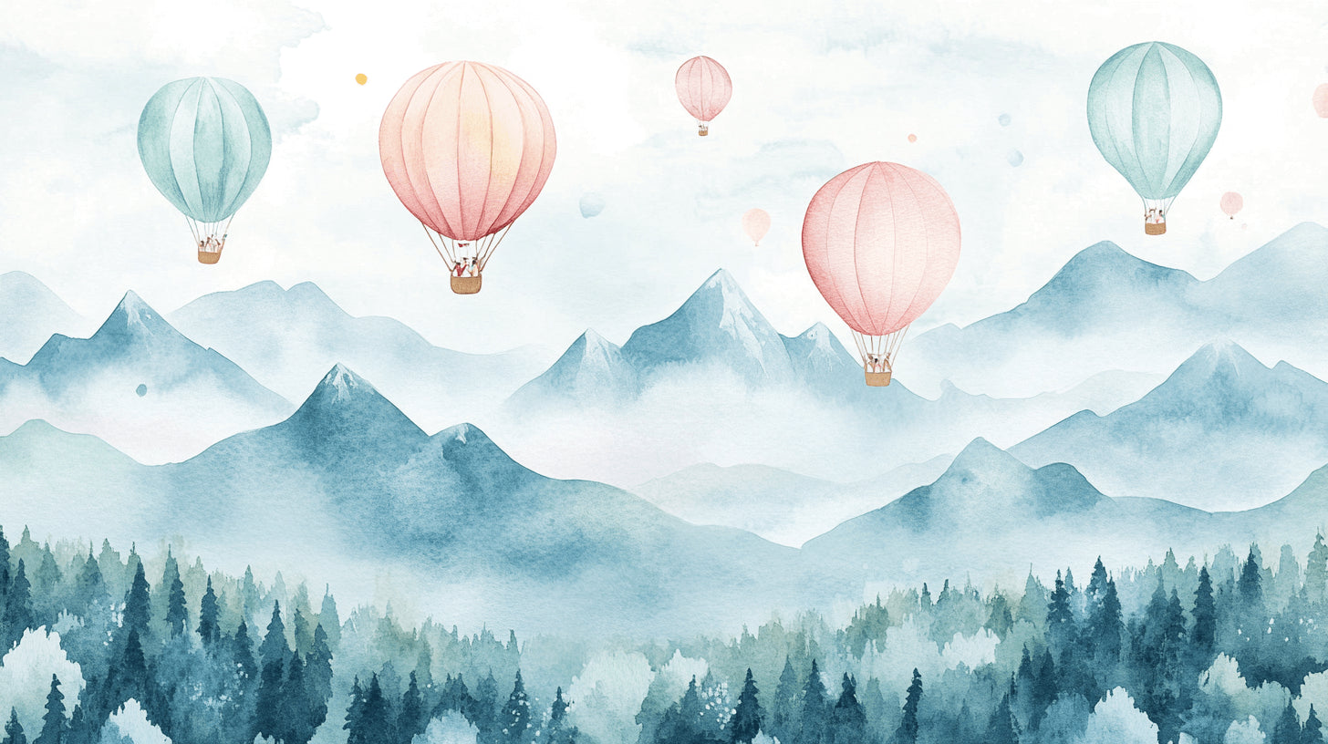 Design file showing detailed watercolor hot air balloons and mountain landscape pattern