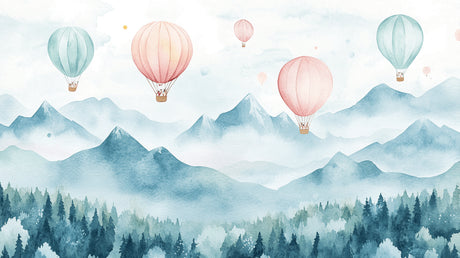 Design file showing detailed watercolor hot air balloons and mountain landscape pattern