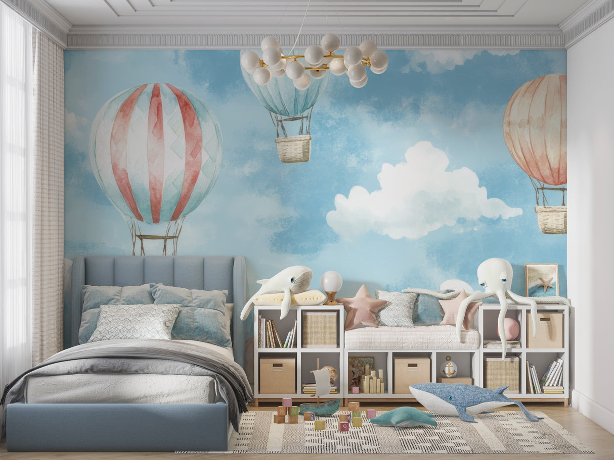 Kids bedroom featuring hot air balloon mural wallpaper above reading nook