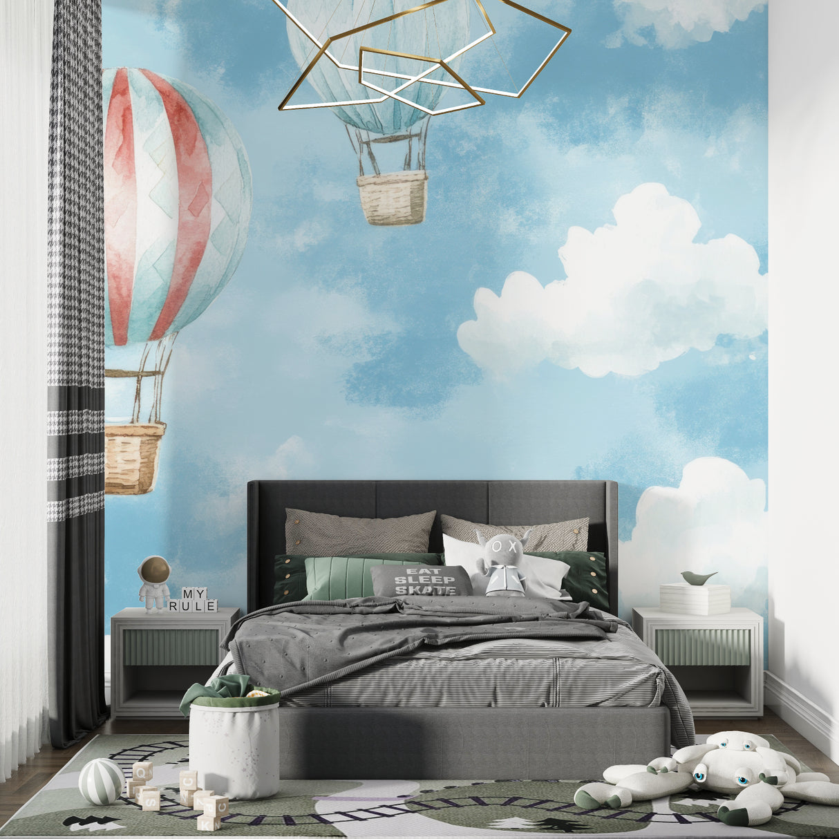Playroom wall with watercolor hot air balloon mural creating depth