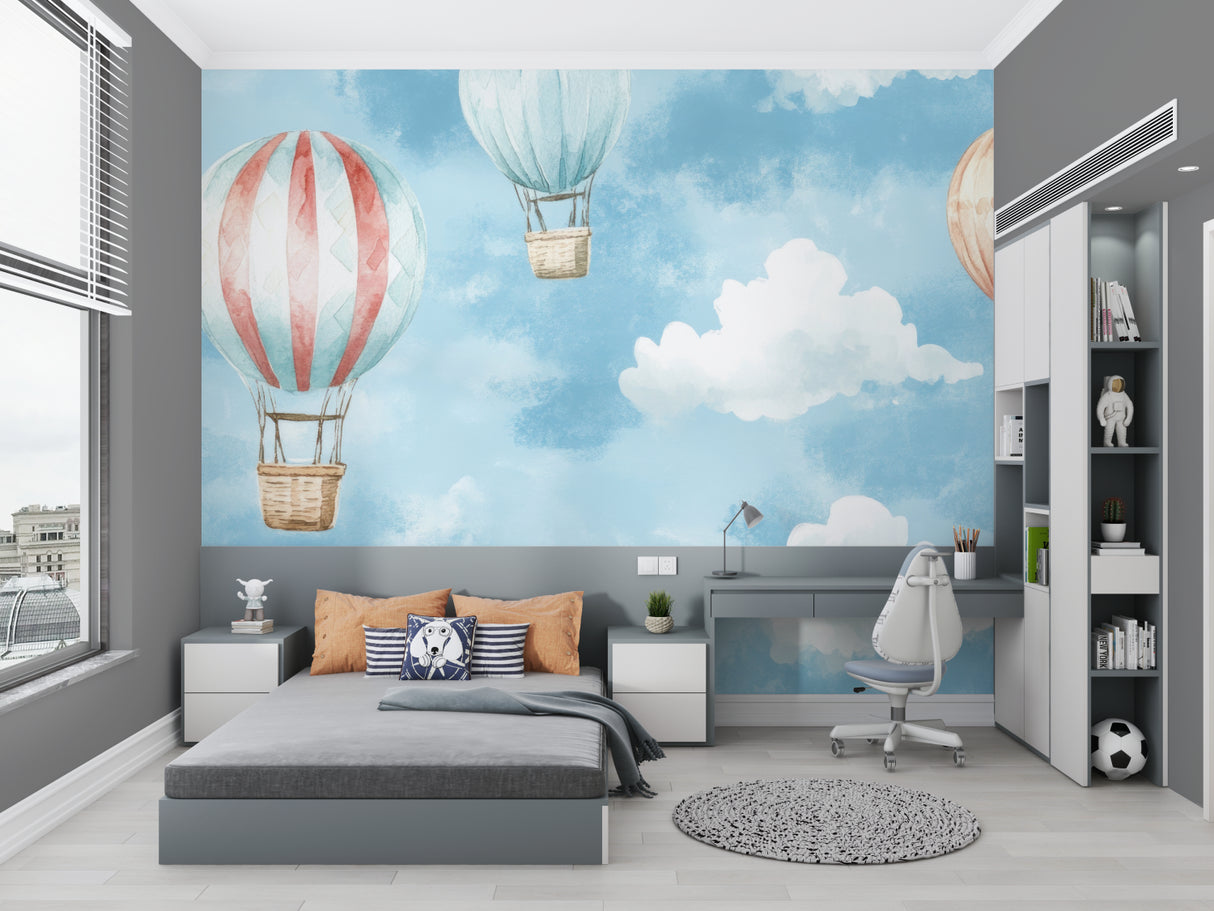 Baby room with gentle hot air balloon wall mural in pastel tones