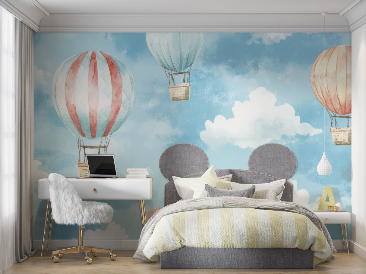 Modern nursery featuring sky-themed hot air balloon wallpaper design