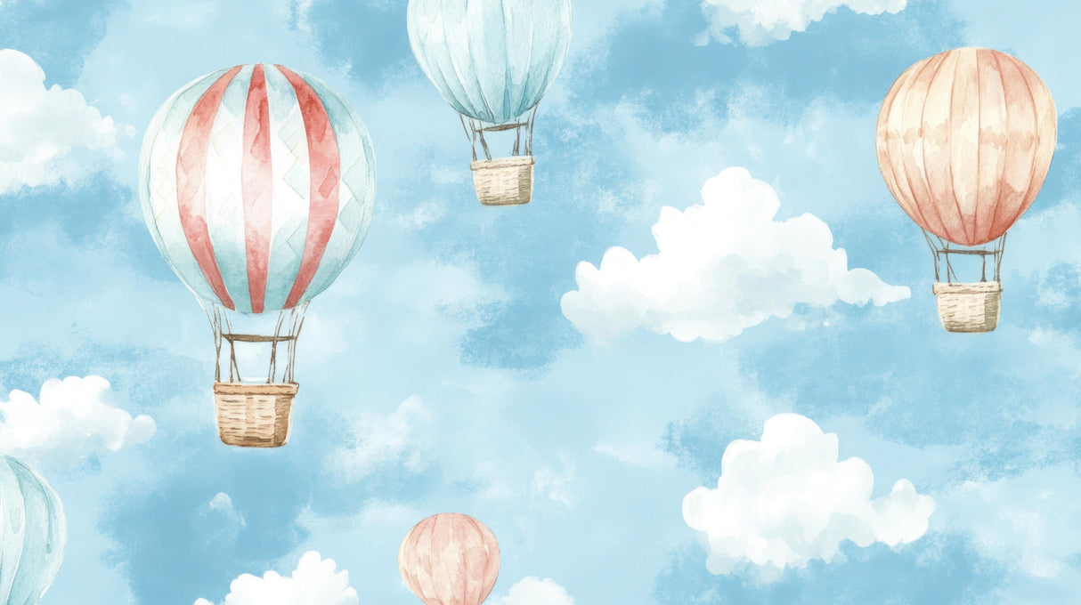 Watercolor hot air balloon wallpaper design file showing full pattern and soft color palette
