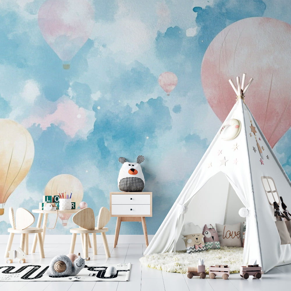 Hot air balloon wall mural creating depth in a playroom with natural lighting