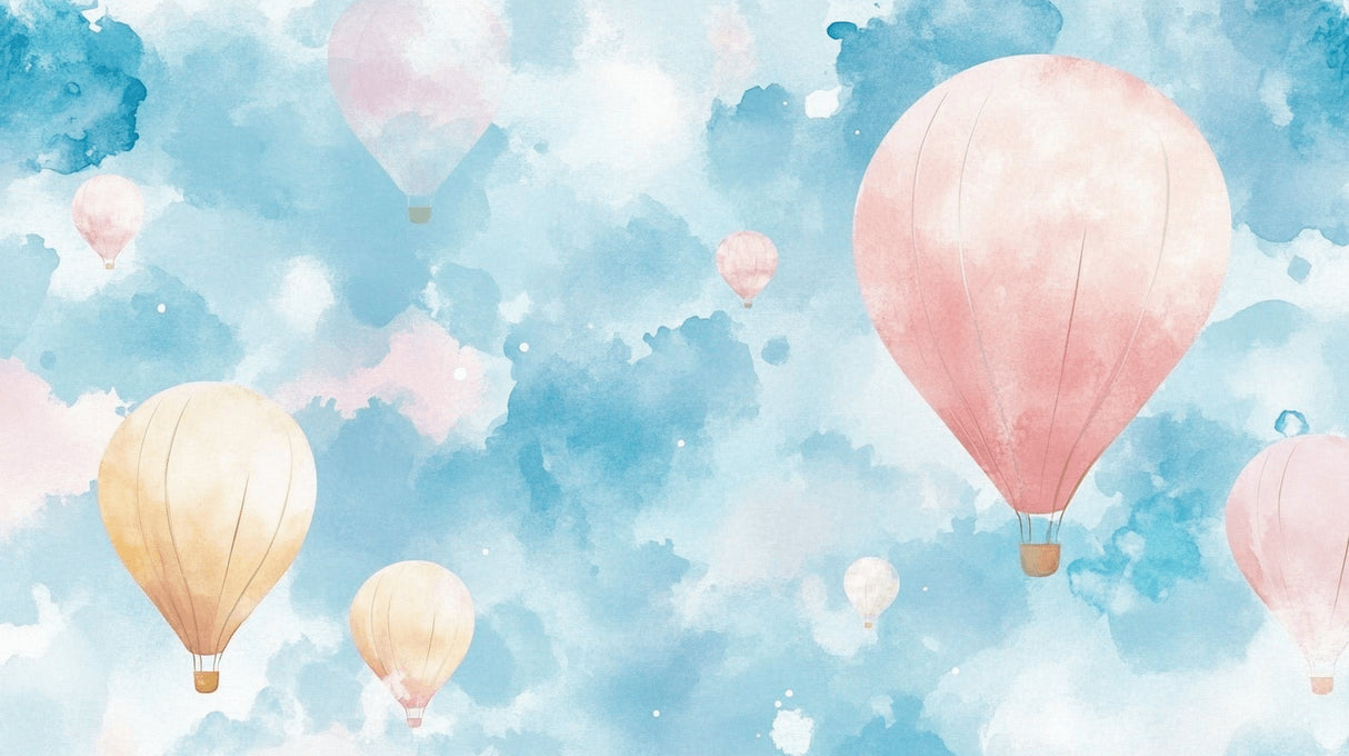 Hot air balloon wallpaper design file showing detailed watercolor pattern with pastel pink and blue sky