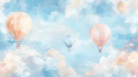 Hot air balloon wallpaper design file showing delicate watercolor balloons drifting through pastel skies