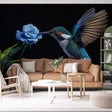 Stunning Hummingbird wallpaper mural creating dramatic impact in a modern living room with blue accents