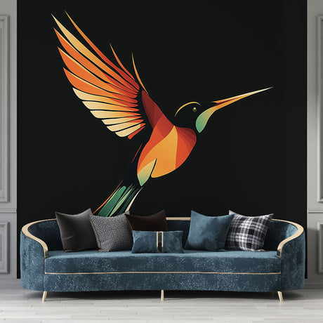 Modern Geometric Hummingbird Wallpaper creating a stunning accent wall in a minimal Scandinavian living room setting