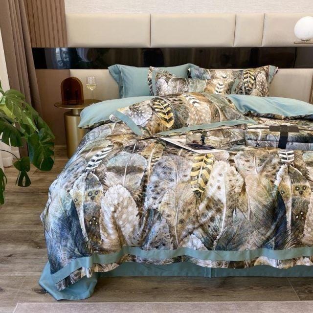Luxury Egyptian Cotton Duvet Set  Feather Print Design With Blue Trim - Product example