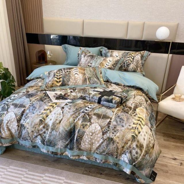 Luxury Egyptian Cotton Duvet Set  Feather Print Design With Blue Trim - Detailed view