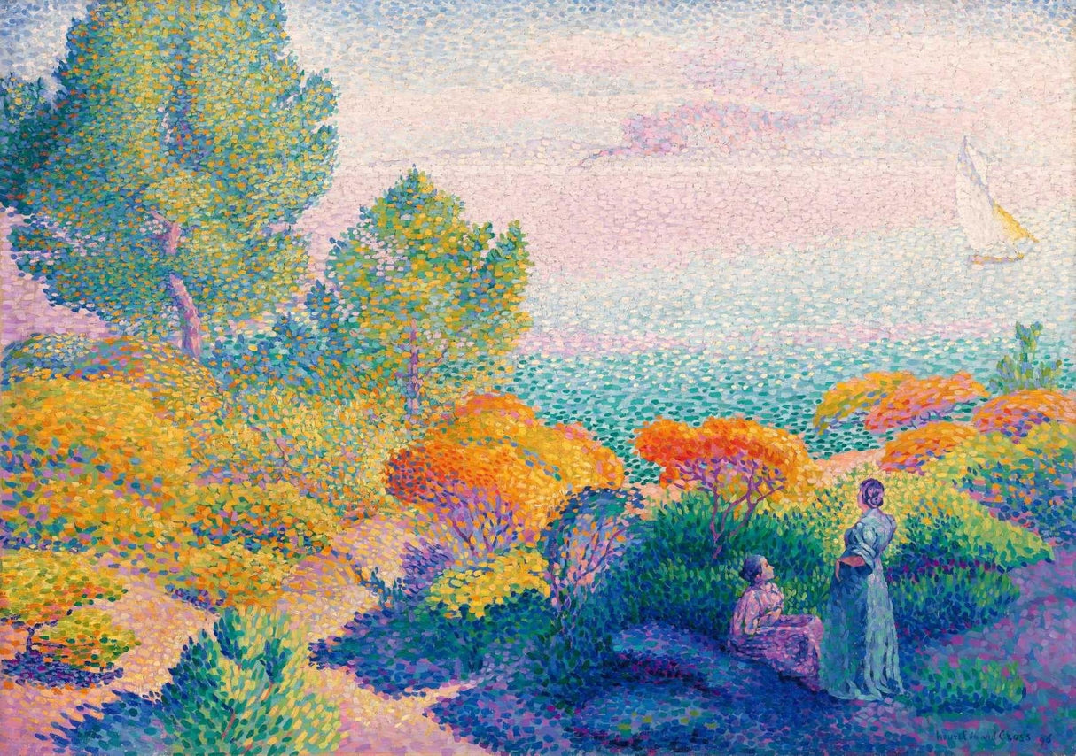 Mediterranean coastal scene wallpaper design file showing pointillist art technique and color details