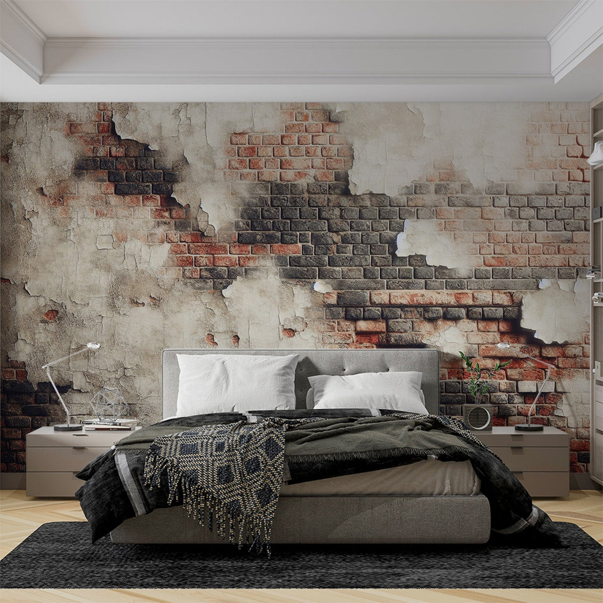 Industrial brick wallpaper creating urban charm in a modern loft living room with high ceilings and minimalist furniture