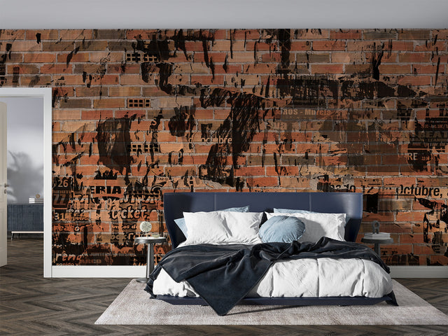 Industrial brick wallpaper with graffiti creating an urban atmosphere in a modern living room