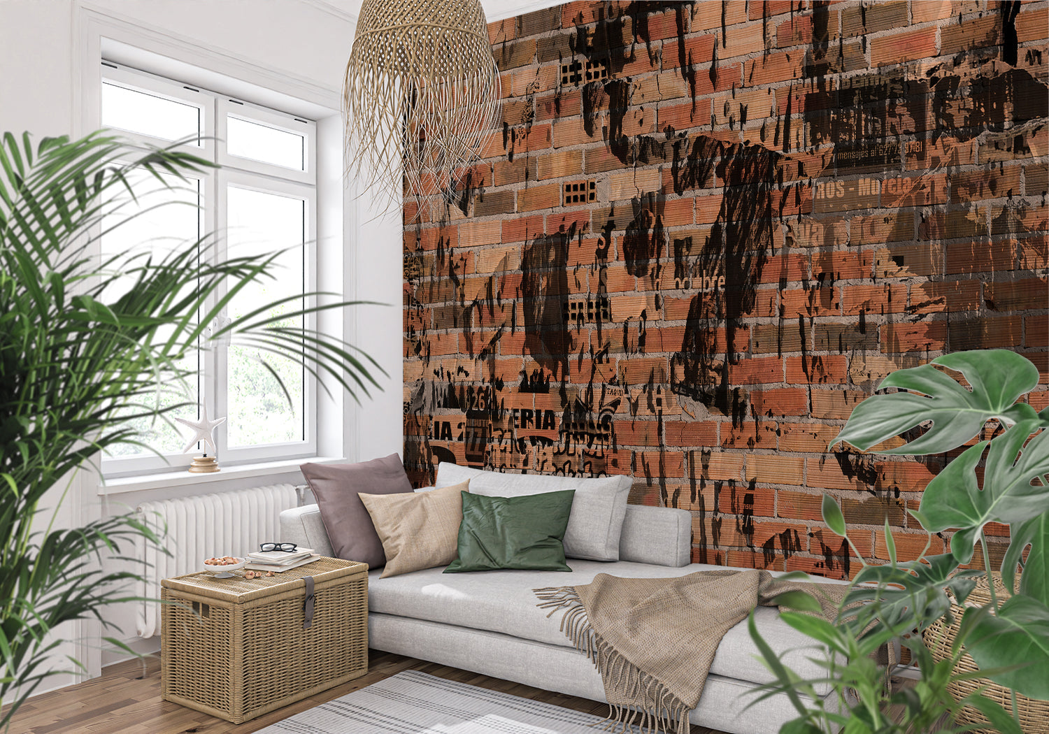 Urban brick wall mural with street art elements styled in an industrial home office