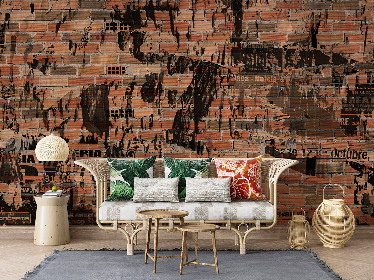 Graffiti brick wallpaper bringing urban style to a contemporary dining space