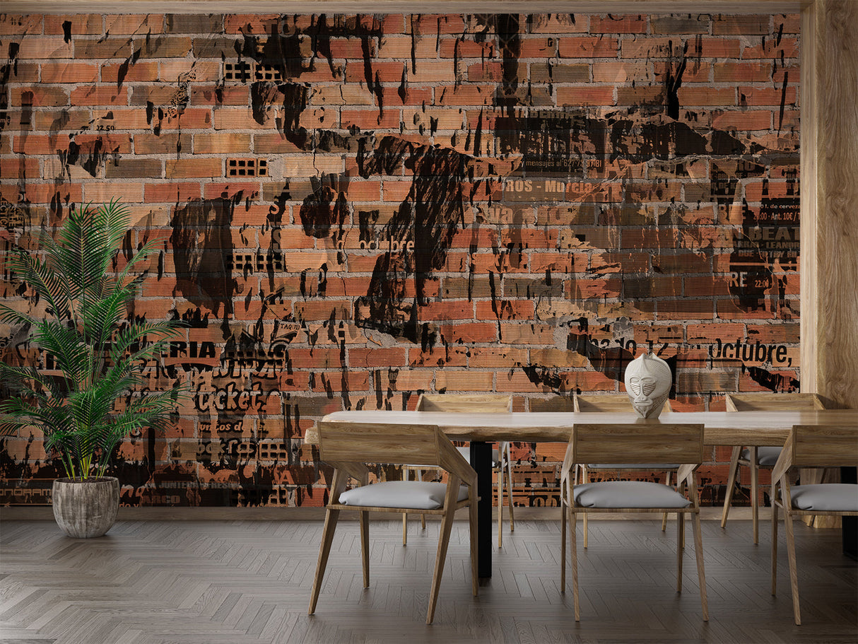 Industrial style brick mural with graffiti elements in a teen bedroom setting