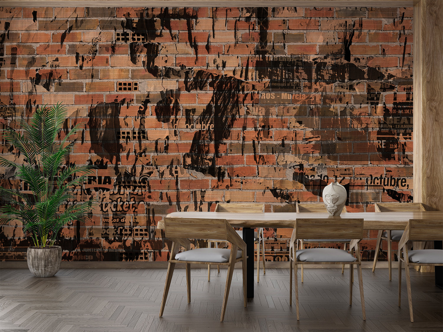 Industrial style brick mural with graffiti elements in a teen bedroom setting