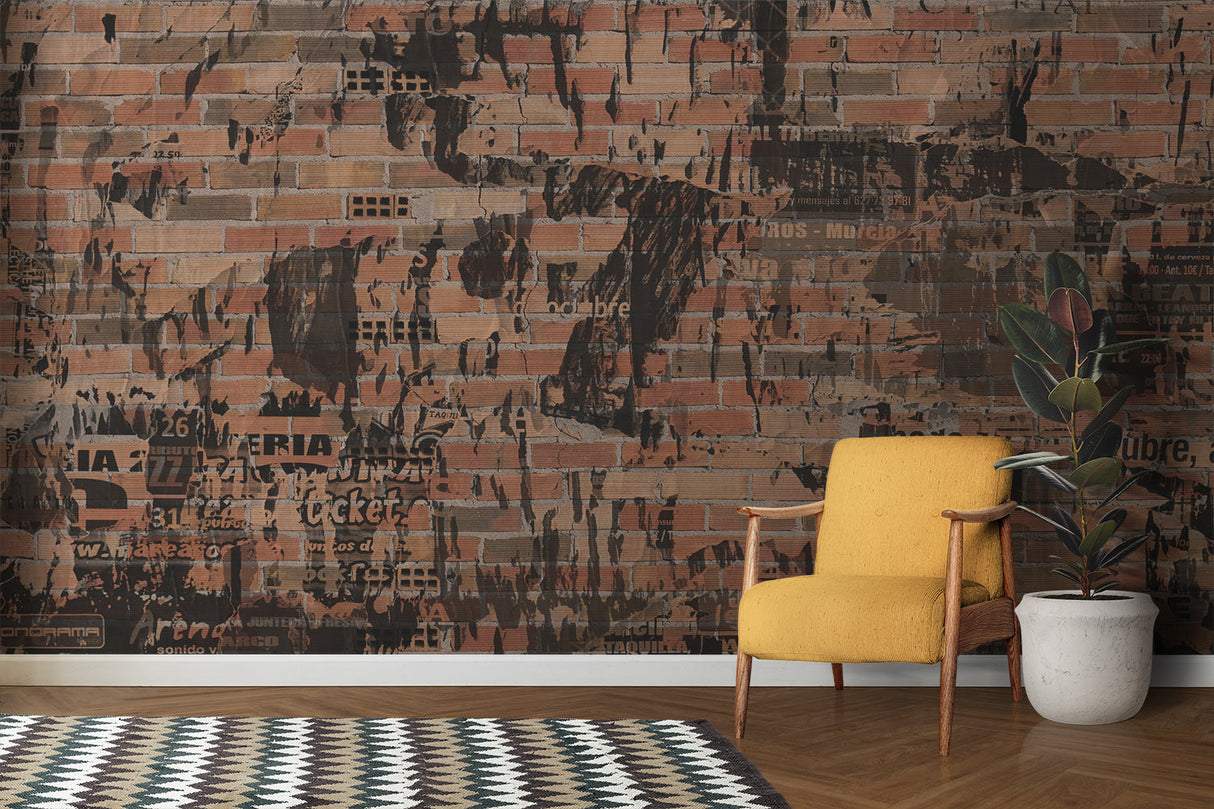 Urban brick wallpaper featuring street art details in a creative workspace