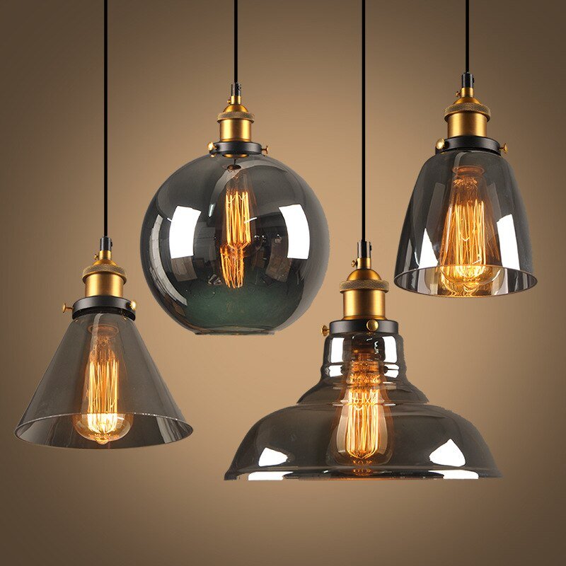 Industrial Glass Pendant Light Smoke Grey Vintage Shade - Detailed view