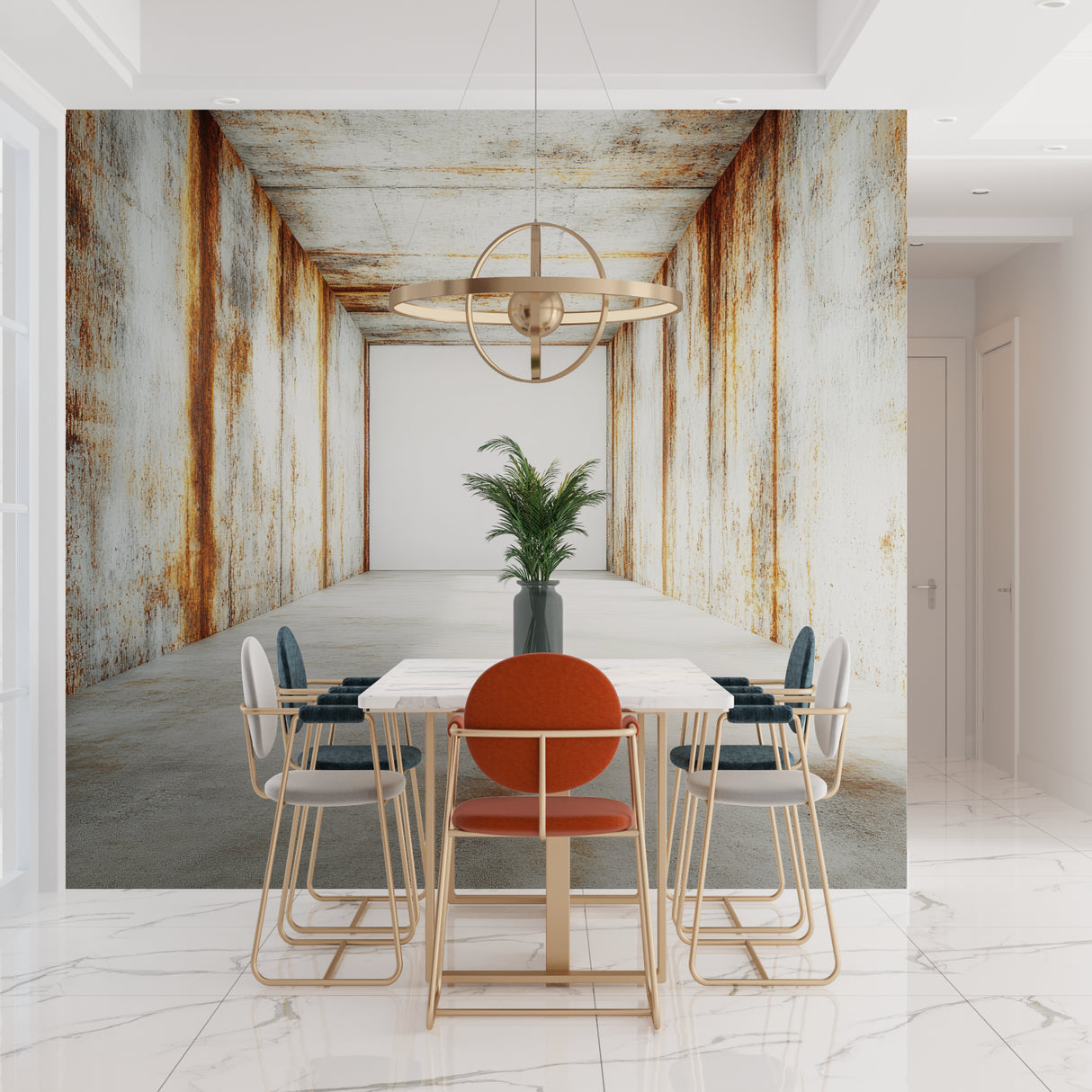 Rustic corridor wallpaper creating depth illusion in minimalist dining room