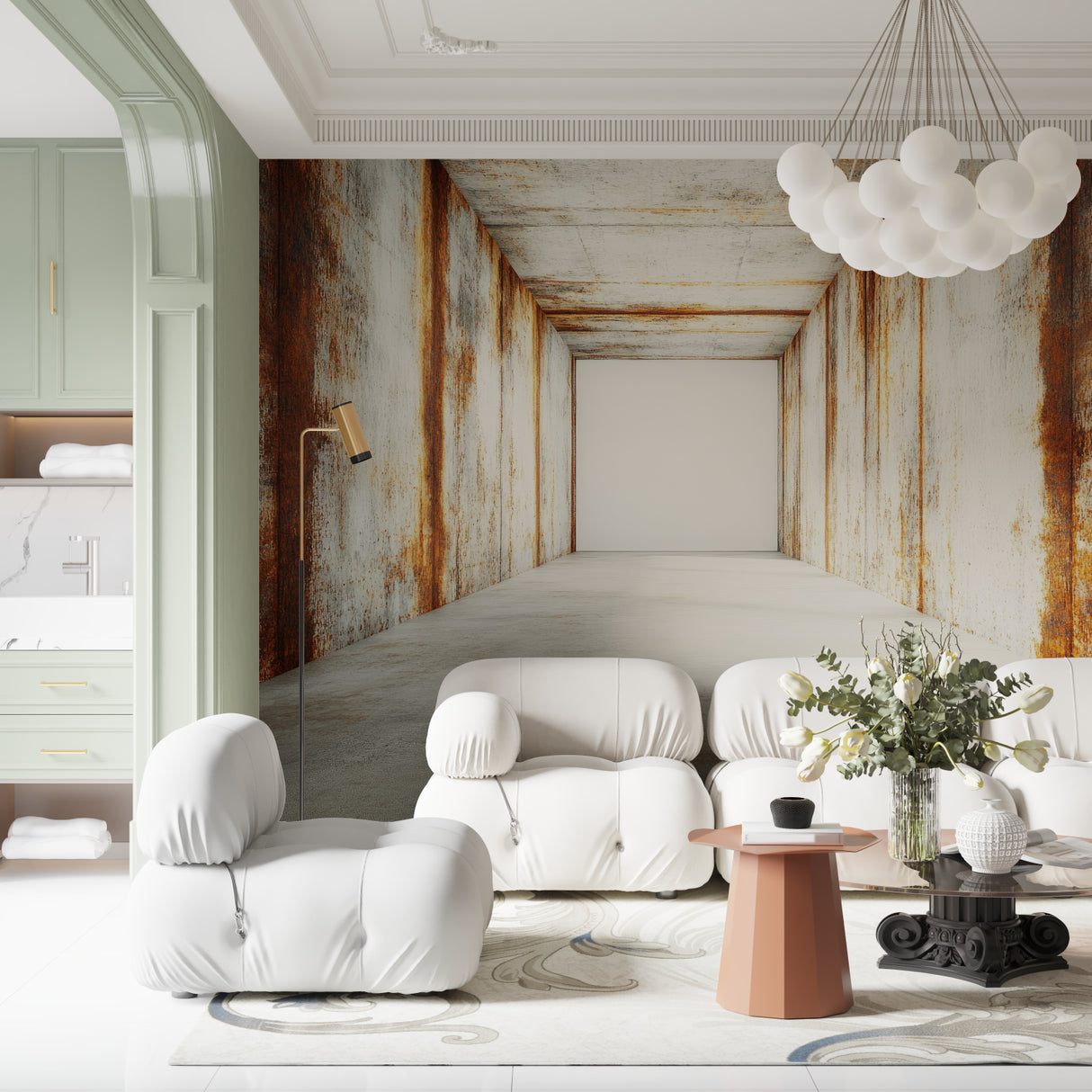 3D perspective wallpaper showcased in urban-style hallway with pendant lighting