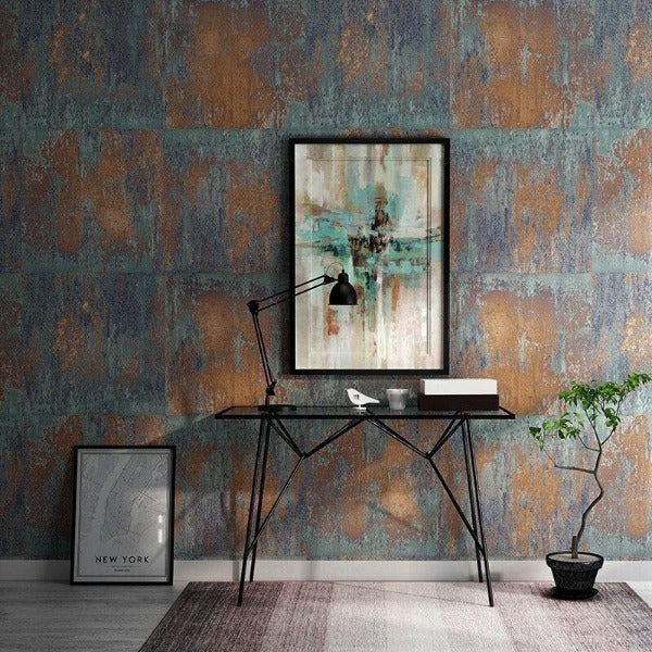 Industrial metal wallpaper creating modern atmosphere in minimalist living room with copper and teal tones