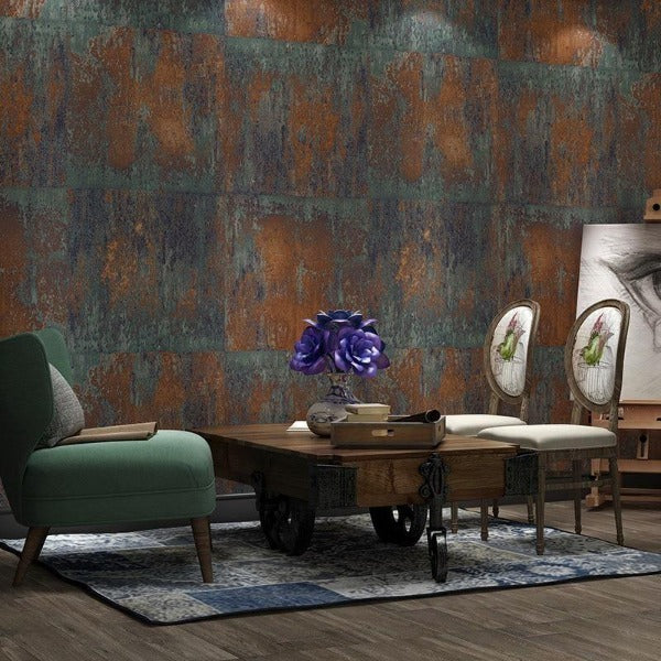 Copper and teal industrial wallpaper in contemporary office space showing oxidized metal effect