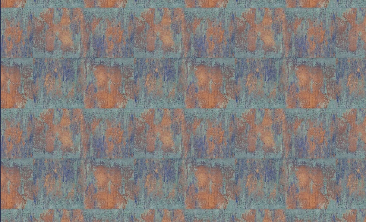 Design file of industrial metal wallpaper showing detailed copper and teal oxidized pattern
