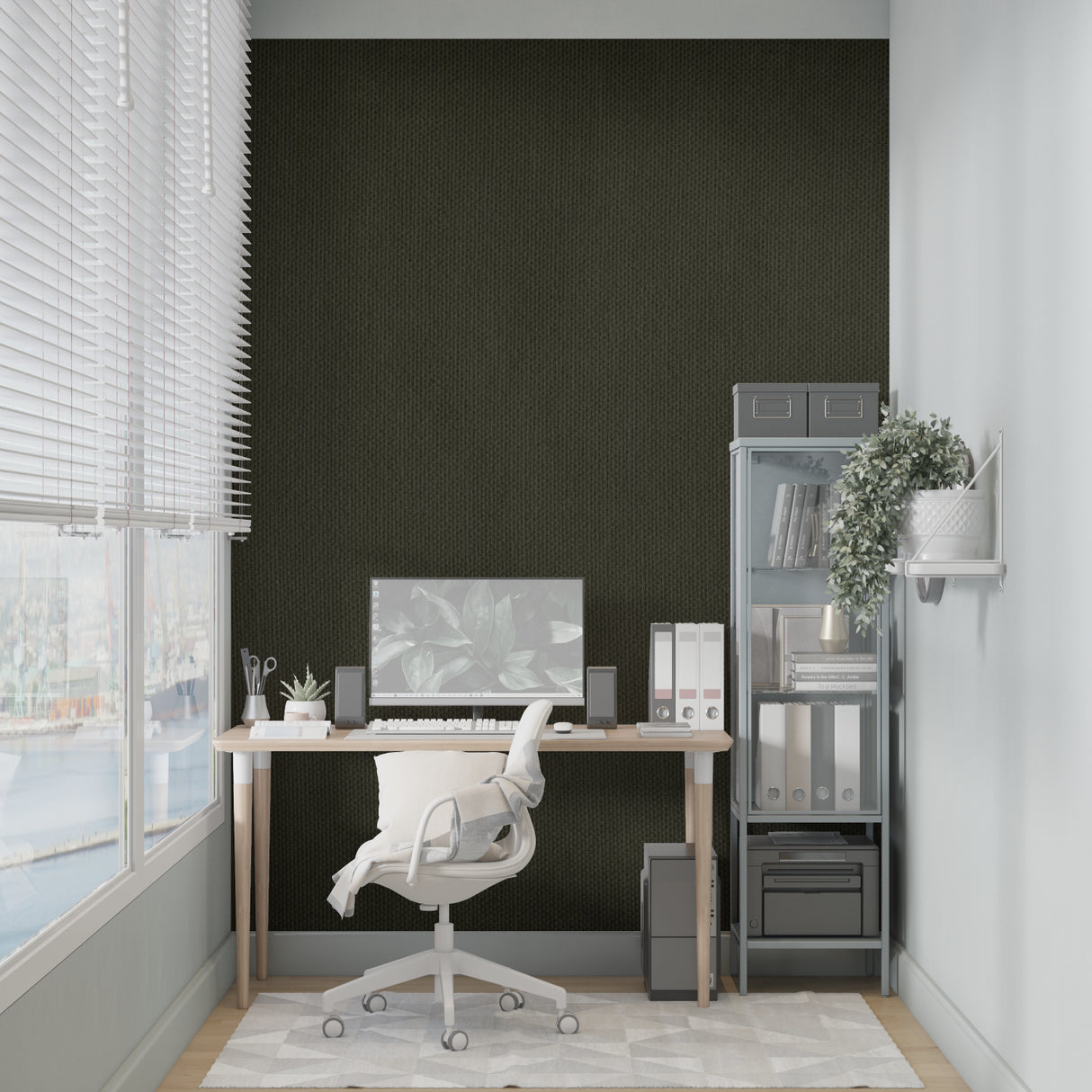 Deep green industrial wallpaper in modern office space showing textured finish