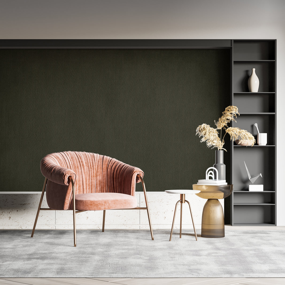 Green textured wallpaper creating depth in minimalist living room