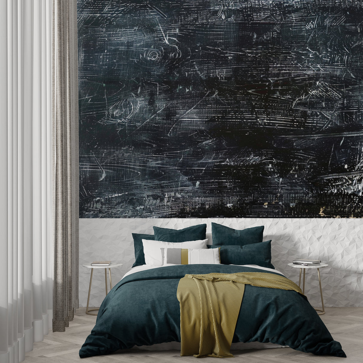 Distressed chalkboard wall mural adding depth to an urban coffee shop interior