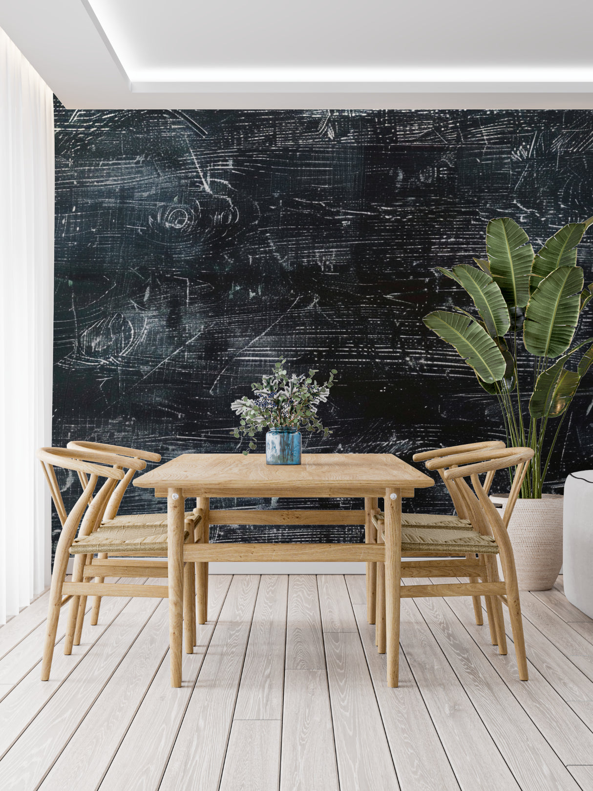Chalkboard effect mural wallpaper transforming a modern dining room wall