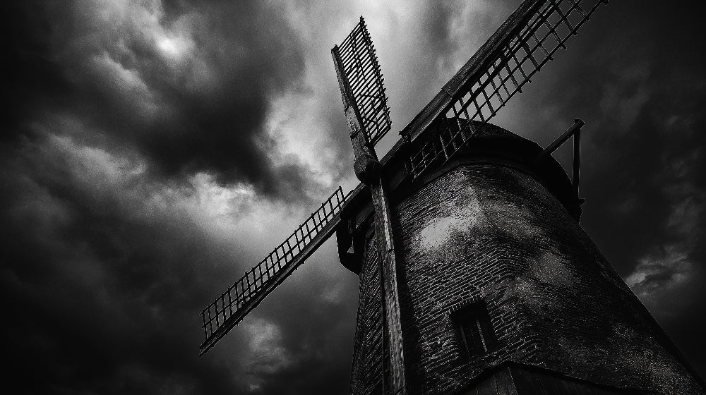 Black and white industrial windmill wallpaper design file showing detailed architectural pattern