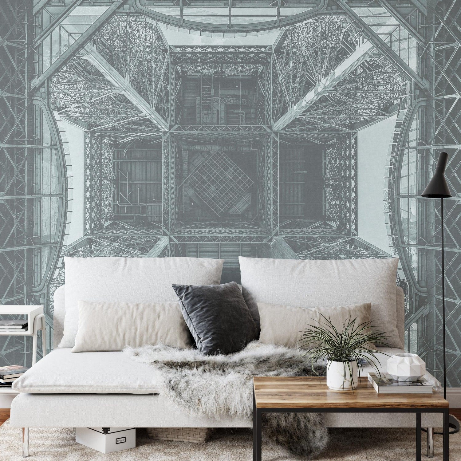 Geometric Eiffel Tower mural adding architectural interest to a contemporary office space