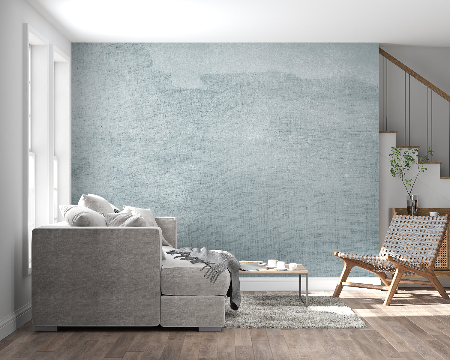 Industrial style concrete wallpaper in kitchen with modern fixtures