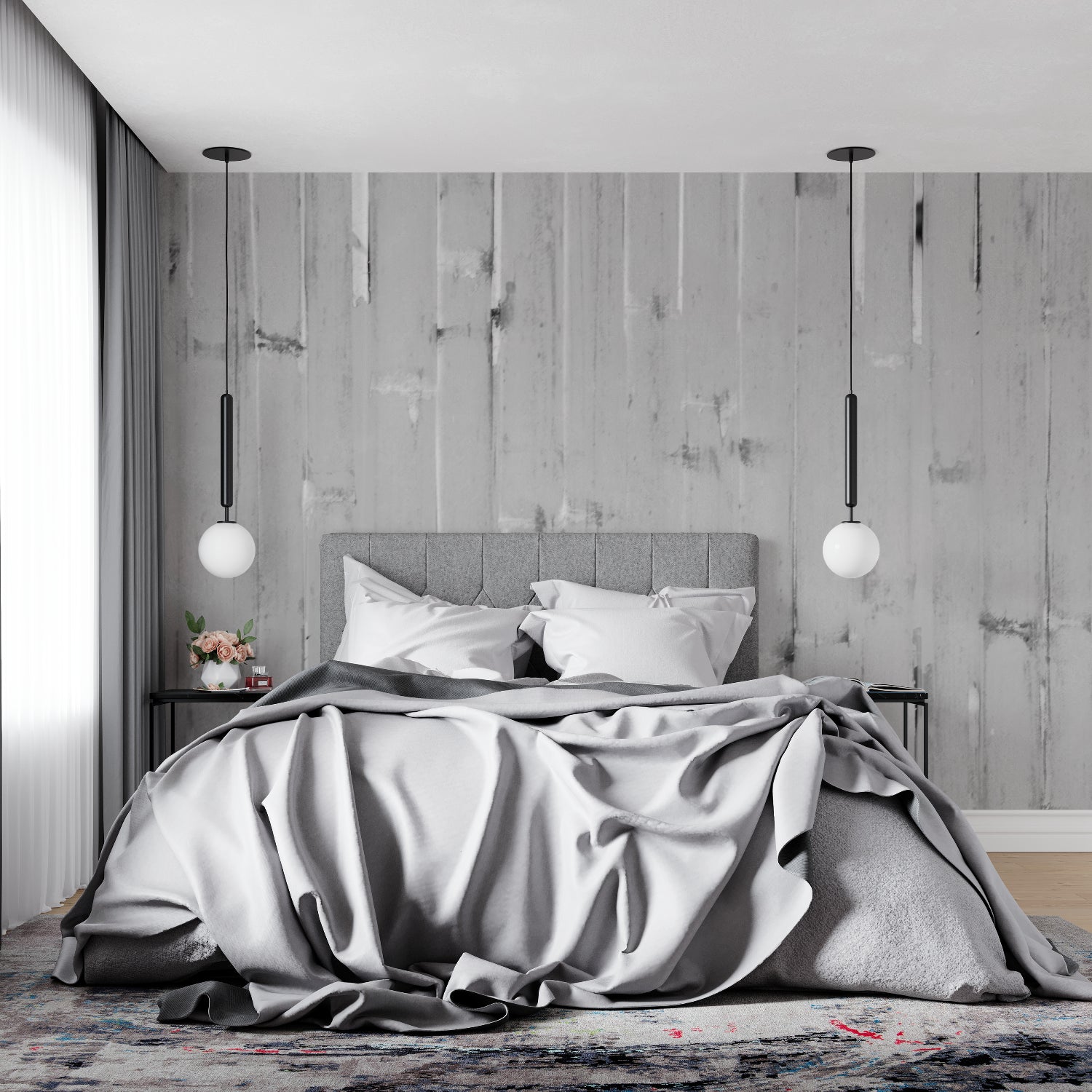 Grey wooden wall mural in contemporary kitchen space with natural lighting