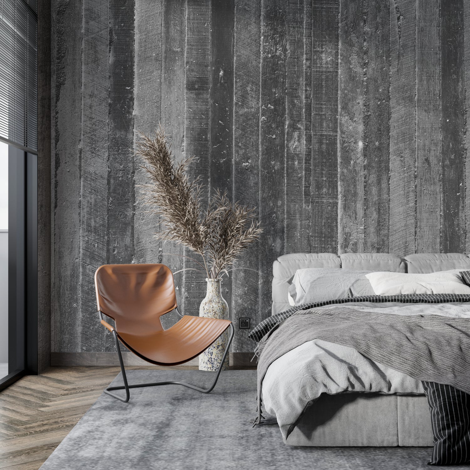 Industrial style bedroom featuring grey wooden wall mural with metal accents