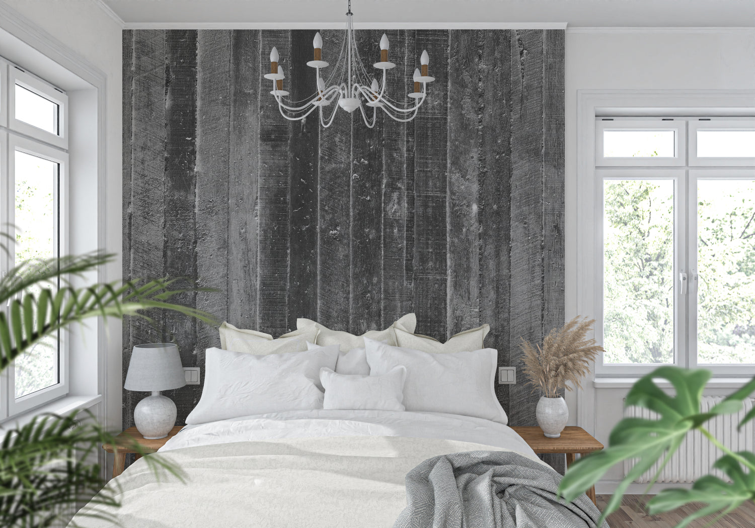 Home office with grey wood effect wallpaper creating a professional backdrop
