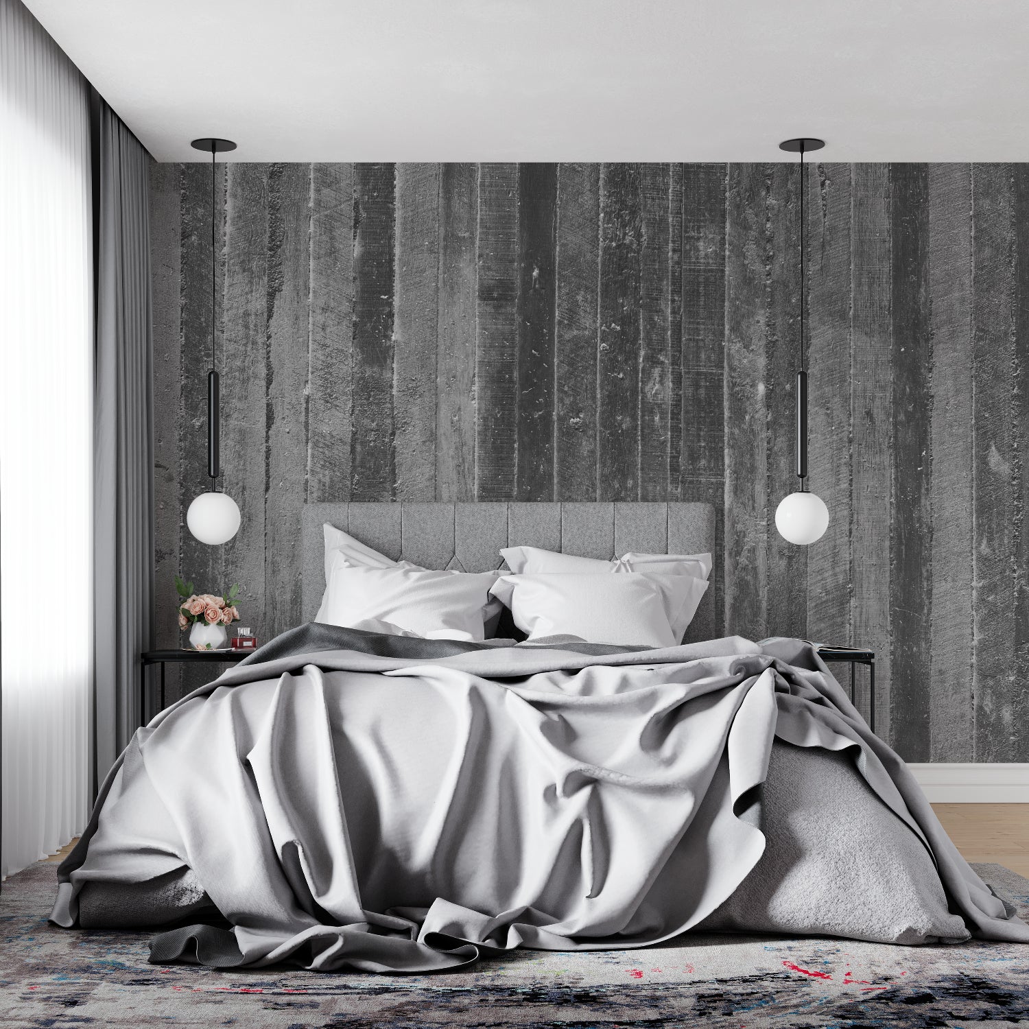 Retail space with wooden plank wall mural creating an urban atmosphere