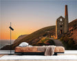 Industrial mine wallpaper mural showcased in a modern industrial-style living room with exposed brick and high ceilings