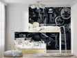 Industrial gear wallpaper in modern home office showing black and grey mechanical design