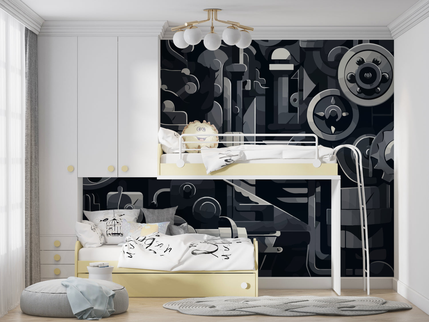 Industrial gear wallpaper in modern home office showing black and grey mechanical design